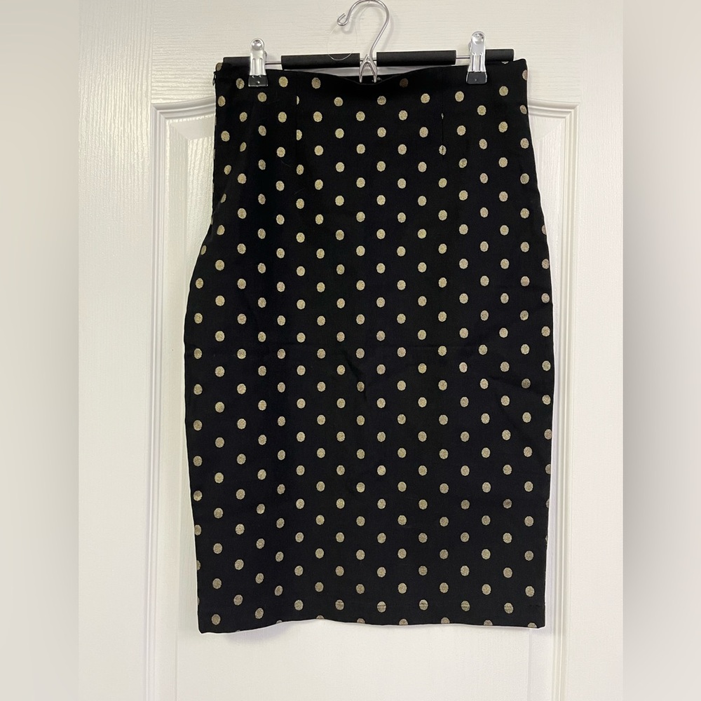 Numph Bodycon Black with Gold Polka Dot Pencil Skirt Size Large